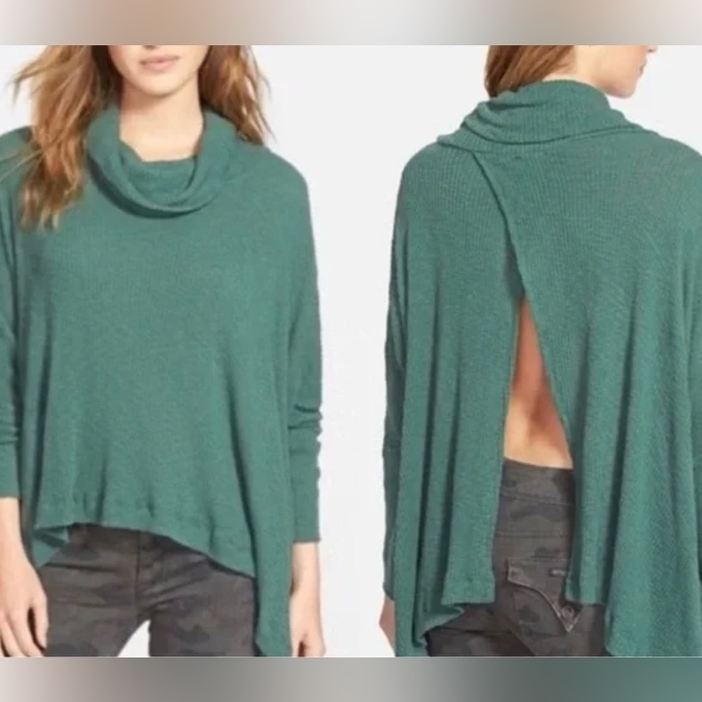 Free People Forest Green World Traveler Cowl Neck Split Back Sweater Top Small